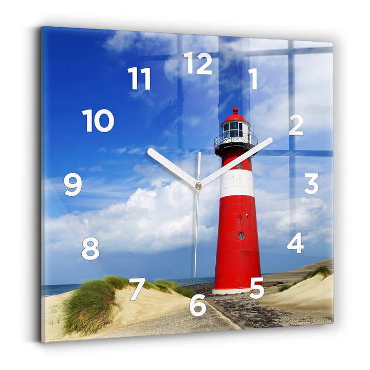 Falióra, Wallfluent, üveg, Fehér mutatók, számok, Világítótorony, Kék, Négyzetek 30x30 cm, 010010500010100272149