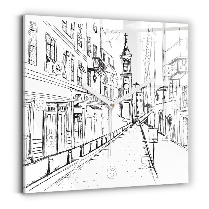Falióra, Wallfluent, üveg, Fehér mutatók, számok, Provence város rajza, fekete, négyzetek 30x30 cm, 010010500010100272230