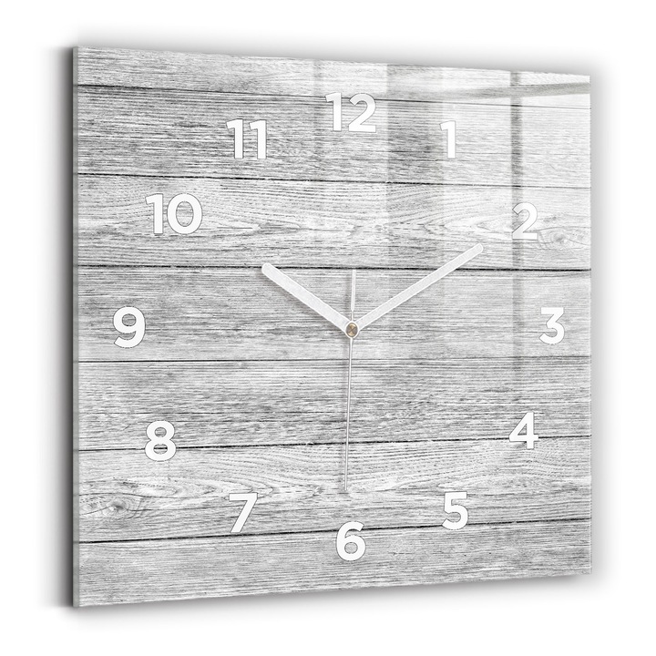 Falióra, Wallfluent, üveg, Fehér mutatók, számok, Fa panelek, Szürke, Négyzetek 30x30 cm, 010010500010100272139