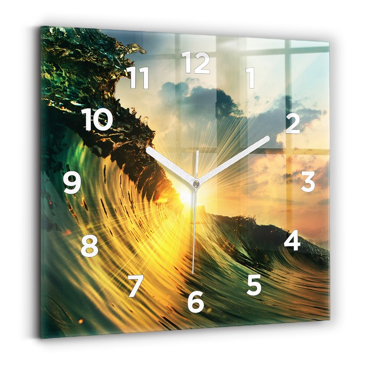 Falióra, Wallfluent, üveg, Fehér mutatók, számok, Napok a hullámok perspektívájában, Kék, Négyzetek 30x30 cm, 010010500010100272340