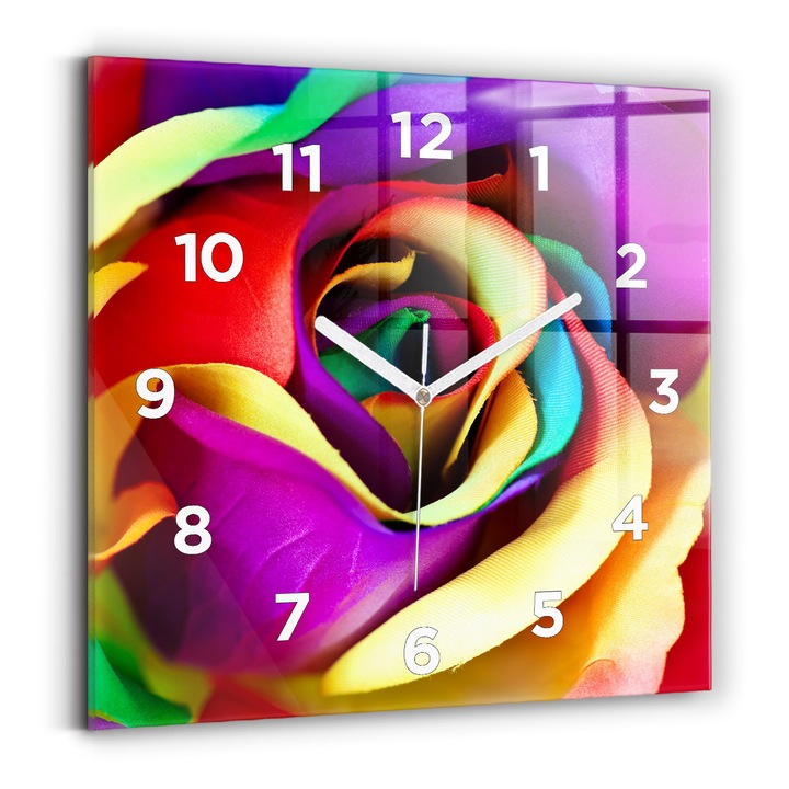Falióra, Wallfluent, üveg, Fehér mutatók, számok, Szivárványrózsa, Többszínű, Négyzetek 30x30 cm, 010010500010100272404
