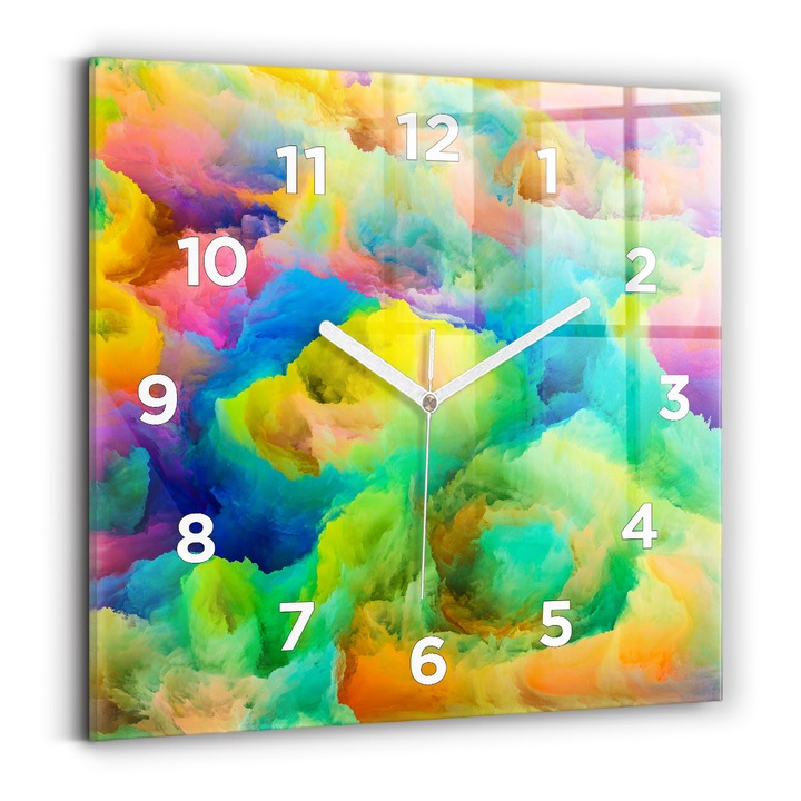 Falióra, Wallfluent, üveg, Fehér mutatók, számok, Fraktál textúra, Többszínű, Négyzetek 30x30 cm, 010010500010100272462