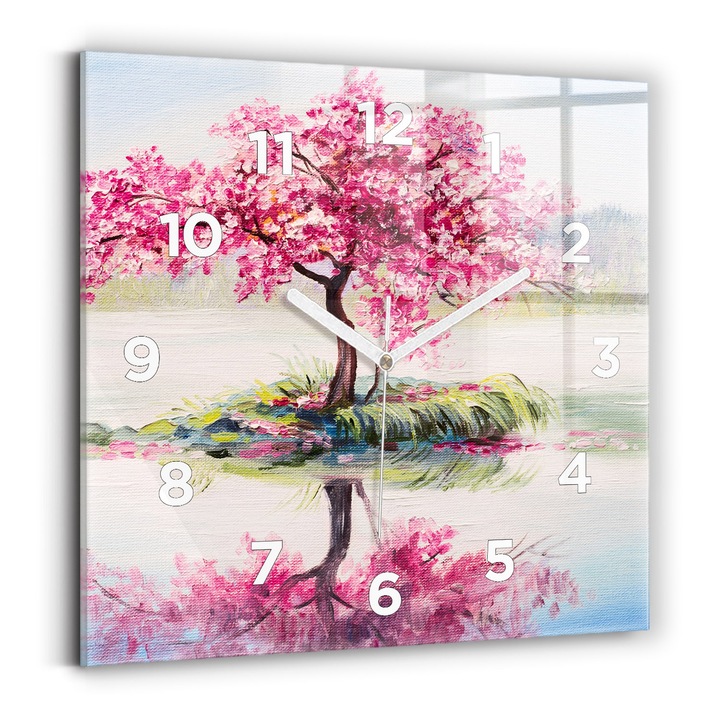 Falióra, Wallfluent, üveg, Fehér mutatók, számok, Egy fa mozaikja, Rózsaszín, Négyzetek 30x30 cm, 010010500010100272123