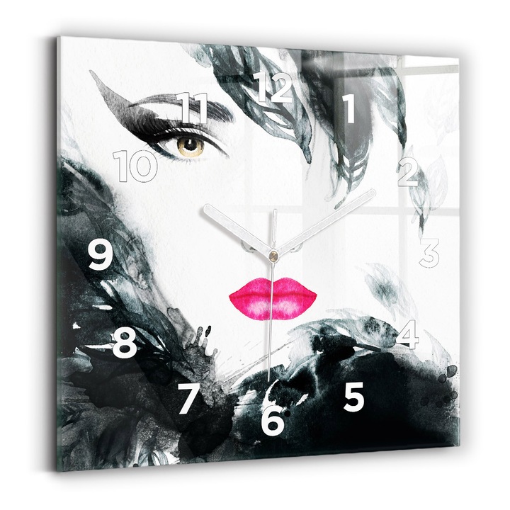 Falióra, Wallfluent, üveg, Fehér kezek, számok, Vörös ajkú nő portréja, Fekete, Négyzetek 30x30 cm, 010010500010100272490
