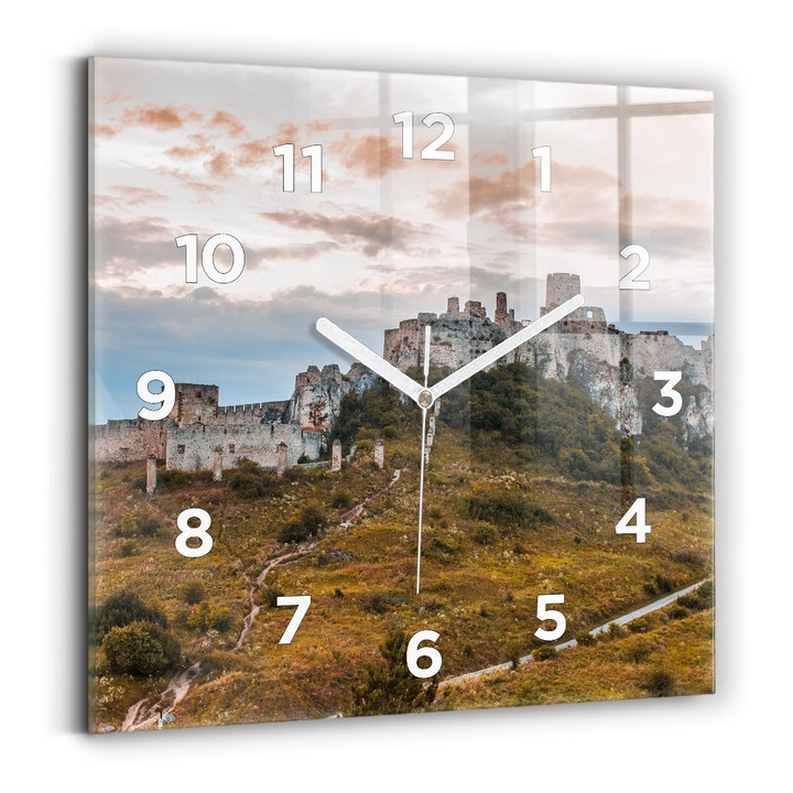 Falióra, Wallfluent, üveg, Fehér kezek, számok, Szepesi vár Szlovákiában, Zöld, Négyzetek 30x30 cm, 010010500010100272372