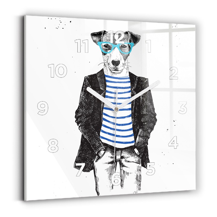 Falióra, Wallfluent, üveg, Fehér kezek, számok, Kutya emberi testben, Kék, Négyzetek 30x30 cm, 010010500010100272184