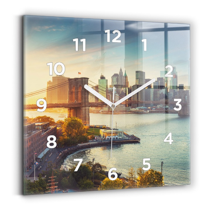 Falióra, Wallfluent, üveg, fehér mutatók, számok, New York Manhattan, kék, négyzetek 30x30 cm, 010010500010100272453