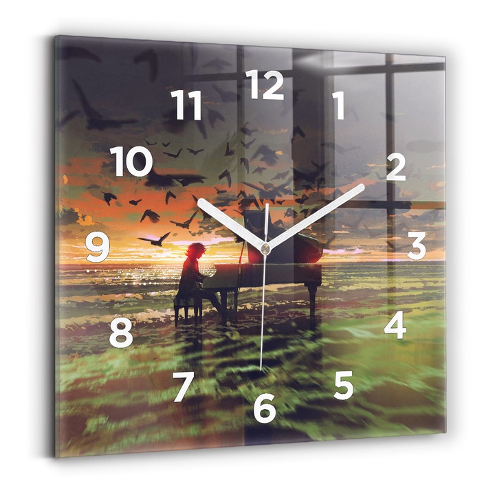 Falióra, Wallfluent, üveg, Fehér mutatók, számok, Koncert a tengerparton, Zöld, Négyzetek 30x30 cm, 010010500010100272285