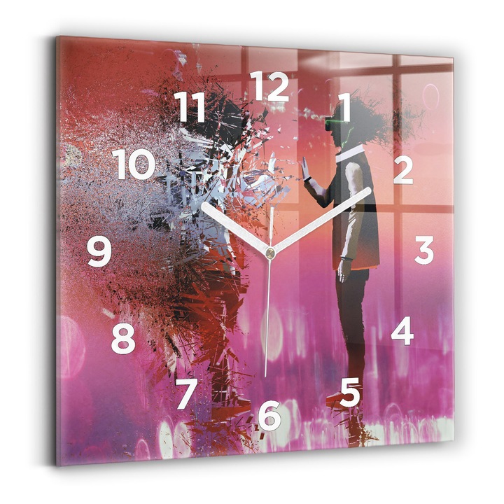 Falióra, Wallfluent, üveg, fehér mutatók, számok, kibertér, rózsaszín, négyzetek 30x30 cm, 010010500010100272211