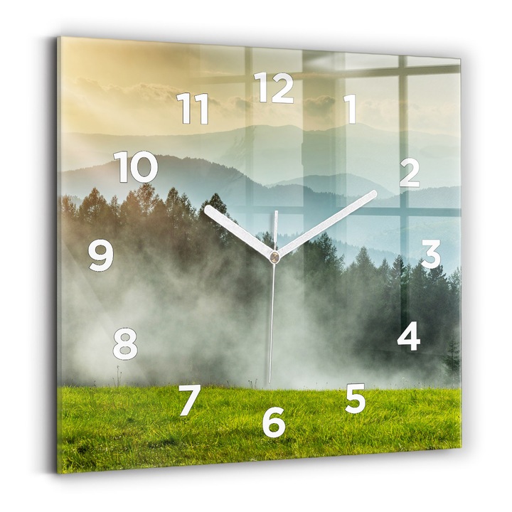 Falióra, Wallfluent, üveg, Fehér mutatók, számok, Hegyi táj, Zöld, Négyzetek 30x30 cm, 010010500010100272535