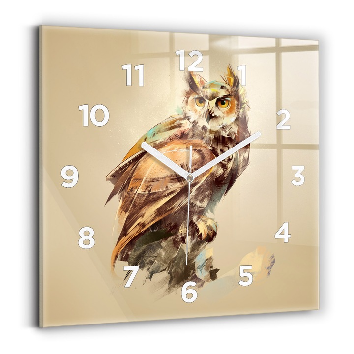 Falióra, Wallfluent, üveg, Fehér mutatók, számok, Sowa - a bölcsesség jele, Barna, Négyzetek 30x30 cm, 010010500010100272189