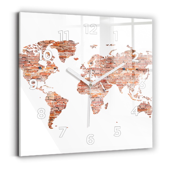 Falióra, Wallfluent, üveg, Fehér mutatók, számok, Régi téglatérkép, Barna, Négyzetek 30x30 cm, 010010500010100272427