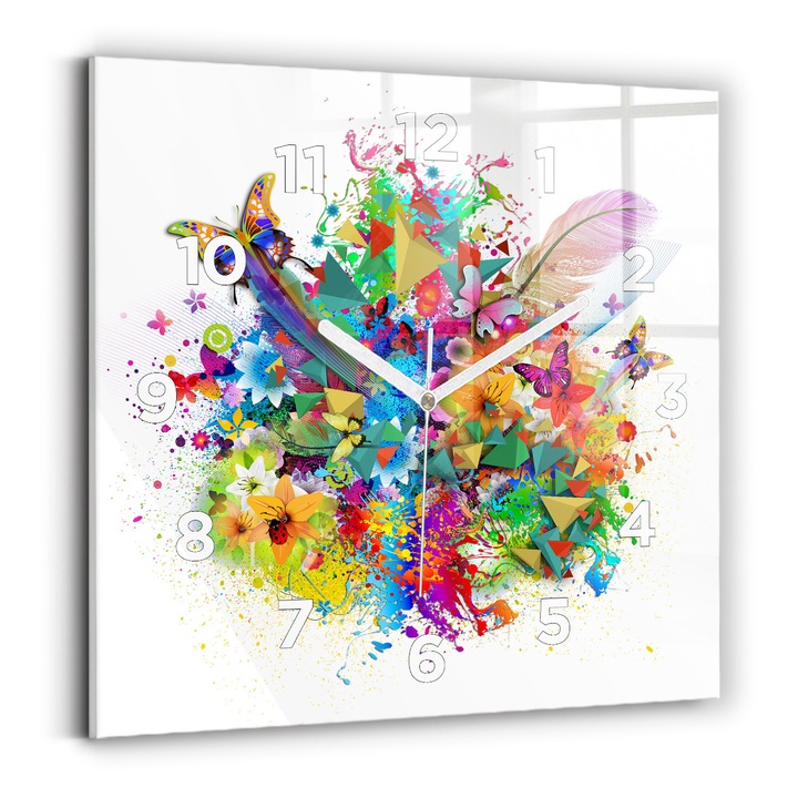 Falióra, Wallfluent, üveg, Fehér mutatók, számok, Virágok harmóniája pillangóval, Zöld, Négyzetek 30x30 cm, 010010500010100272706