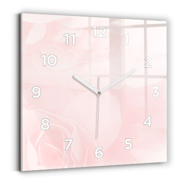 Falióra, Wallfluent, üveg, Fehér mutatók, számok, Virágzó rózsák, Rózsaszín, Négyzetek 30x30 cm, 010010500010100272234