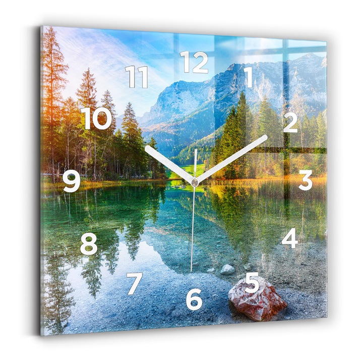 Falióra, Wallfluent, üveg, Fehér mutatók, számok, Folyó hegyi táj, Többszínű, Négyzetek 30x30 cm, 010010500010100272549