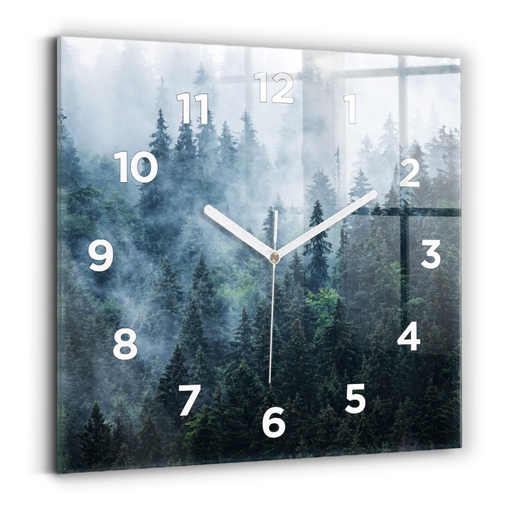 Falióra, Wallfluent, üveg, Fehér mutatók, számok, Ködös hegyi táj, Zöld, Négyzetek 30x30 cm, 010010500010100272673
