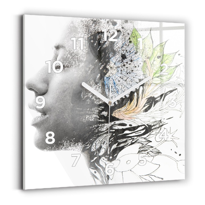 Falióra, Wallfluent, üveg, Fehér kezek, számok, Női arc absztrakciója, Szürke, Négyzetek 30x30 cm, 010010500010100271992