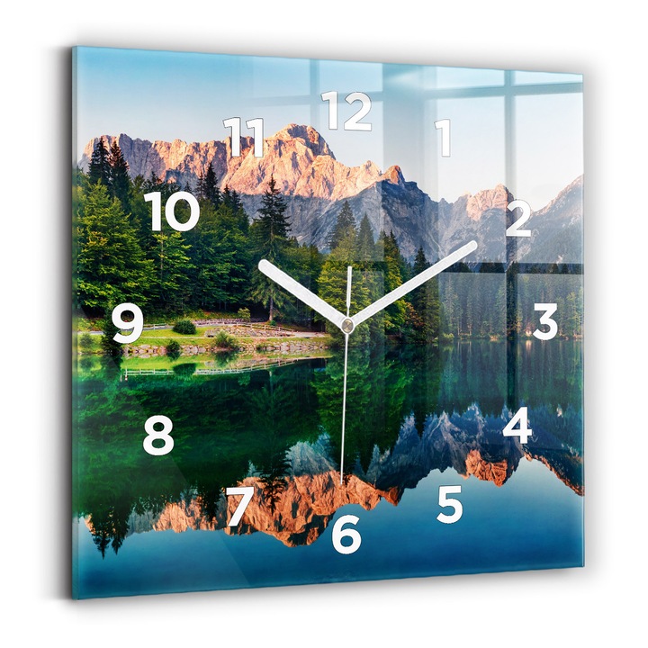 Falióra, Wallfluent, üveg, Fehér mutatók, számok, Tó táj, Többszínű, Négyzetek 30x30 cm, 010010500010100272744