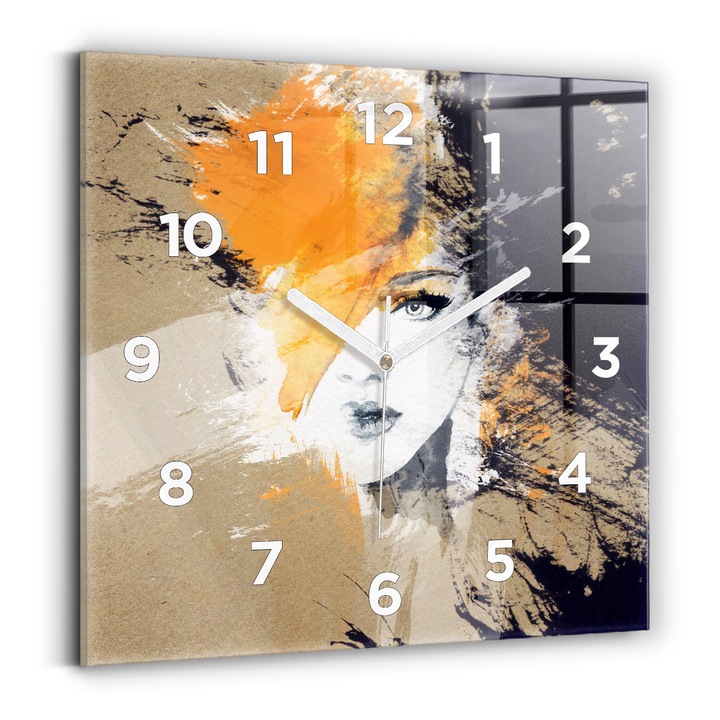Falióra, Wallfluent, üveg, Fehér mutatók, számok, Absztrakt nő portréja, Barna, Négyzetek 30x30 cm, 010010500010100272473