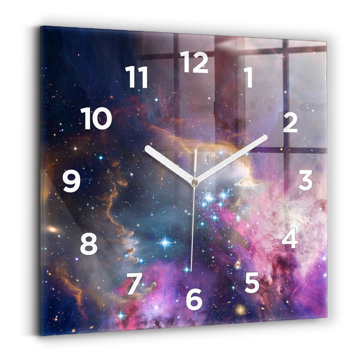 Falióra, Wallfluent, üveg, Fehér mutatók, számok, Galaxis és csillagok, Többszínű, Négyzetek 30x30 cm, 010010500010100272822