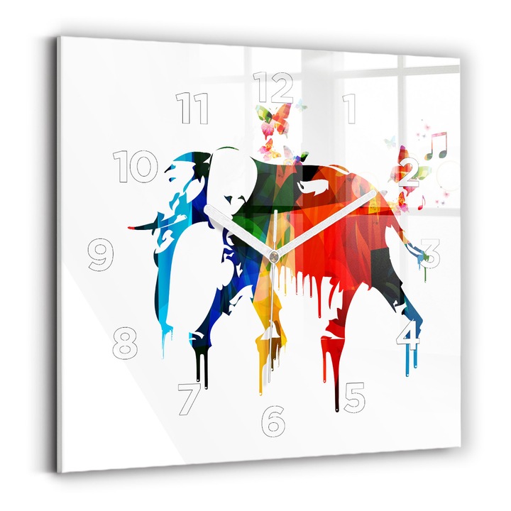 Falióra, Wallfluent, üveg, Fehér mutatók, számok, Színesre festett elefánt, Kék, Négyzetek 30x30 cm, 010010500010100272754