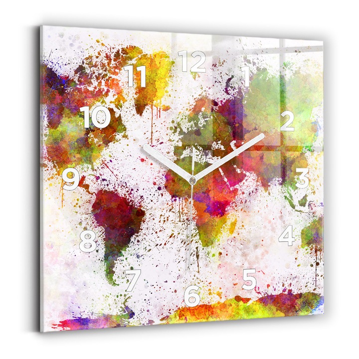Falióra, Wallfluent, üveg, Fehér mutatók, számok, Akvarell világtérkép, Zöld, Négyzetek 30x30 cm, 010010500010100272731