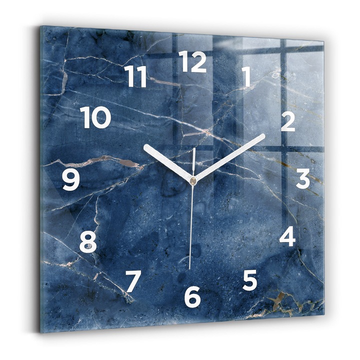 Falióra, Wallfluent, üveg, Fehér mutatók, számok, Kék márvány textúra, Kék, Négyzetek 30x30 cm, 010010500010100272693
