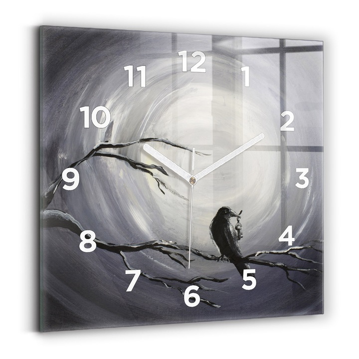 Falióra, Wallfluent, üveg, Fehér mutatók, számok, Varjú a holdfényben, Fekete, Négyzetek 30x30 cm, 010010500010100272926