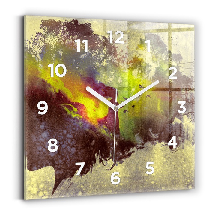 Falióra, Wallfluent, üveg, Fehér kezek, számok, Nő az erdőben, Többszínű, Négyzetek 30x30 cm, 010010500010100272965