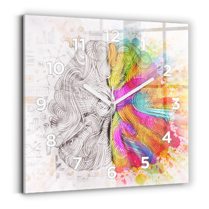 Falióra, Wallfluent, üveg, Fehér mutatók, számok, Agy absztrakciója, Többszínű, Négyzetek 30x30 cm, 010010500010100272627