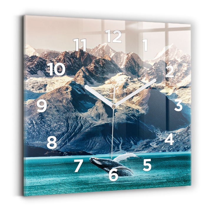Falióra, Wallfluent, üveg, Fehér mutatók, számok, Bálnavíz, Többszínű, Négyzetek 30x30 cm, 010010500010100272936