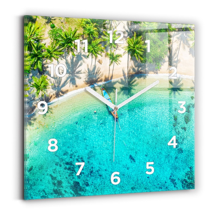 Falióra, Wallfluent, üveg, Fehér mutatók, számok, Tropical Beach Koh Tao, Zöld, Négyzetek 30x30 cm, 010010500010100272881