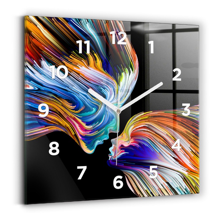 Ceas de perete, Wallfluent, de sticla, Mainile albe, cifrele, Arta emotionala, Multicolor, Patrate 30x30 cm, 010010500010100272767
