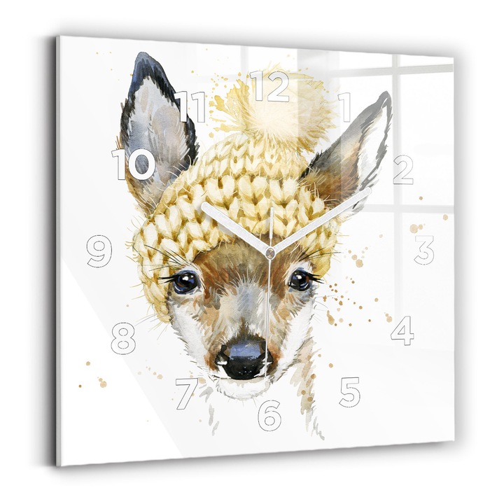 Falióra, Wallfluent, üveg, Fehér mutatók, számok, Szarvas, Sárga, Négyzetek 30x30 cm, 010010500010100272900