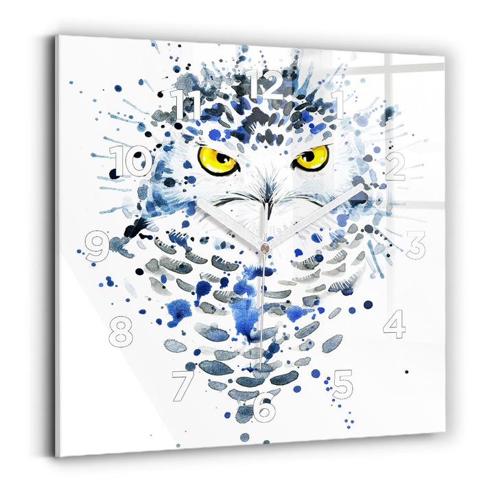 Falióra, Wallfluent, üveg, Fehér mutatók, számok, Bagolyszem, Kék, Négyzetek 30x30 cm, 010010500010100272704