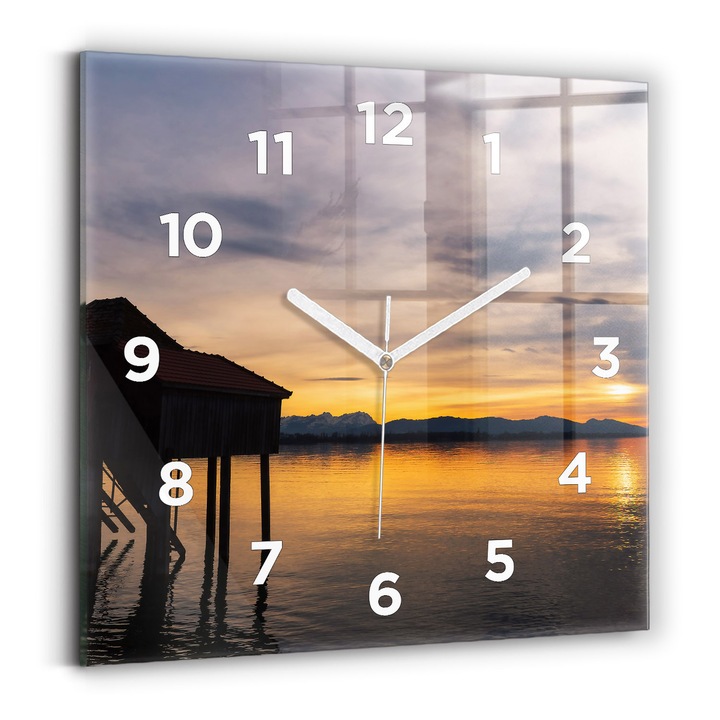 Falióra, Wallfluent, üveg, Fehér mutatók, számok, Naplemente a tónál, Sárga, Négyzetek 30x30 cm, 010010500010100272861