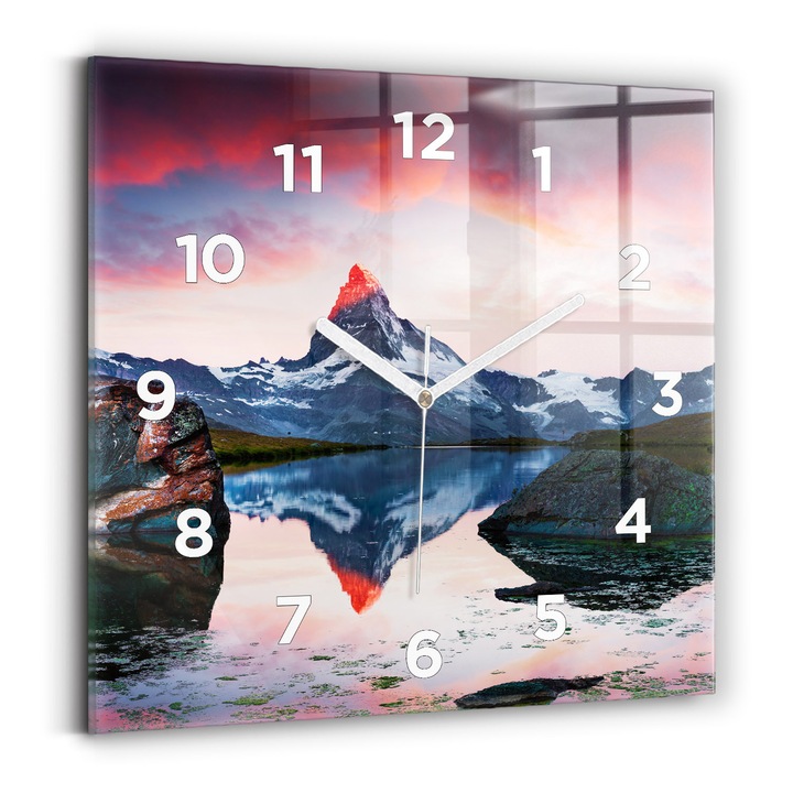 Falióra, Wallfluent, üveg, Fehér mutatók, számok, Lake Stellisee Matterhorn, Rózsaszín, Négyzetek 30x30 cm, 010010500010100273088