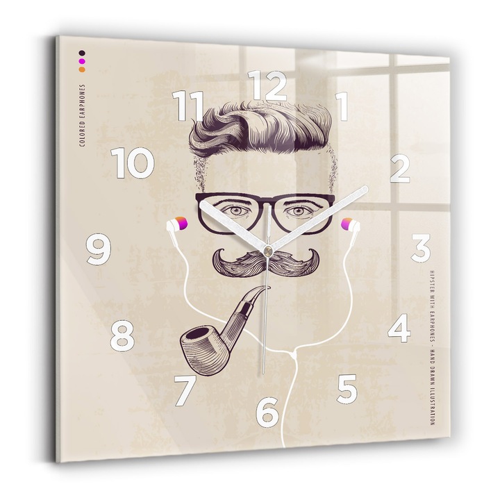 Falióra, Wallfluent, üveg, Fehér kezek, számok, Férfi pipával, Bézs, Négyzetek 30x30 cm, 010010500010100272008