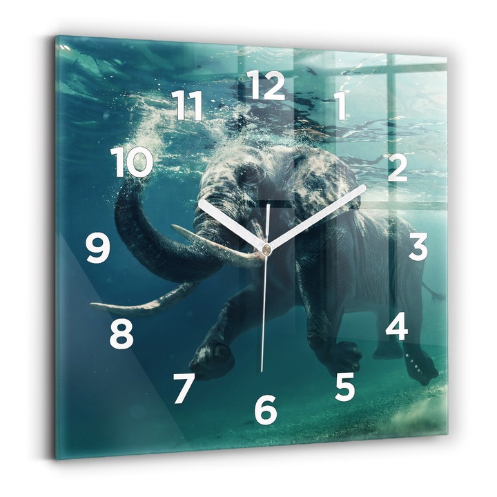 Falióra, Wallfluent, üveg, fehér mutatók, számok, óceánban lebegő elefánt, kék, négyzetek 30x30 cm, 010010500010100272908