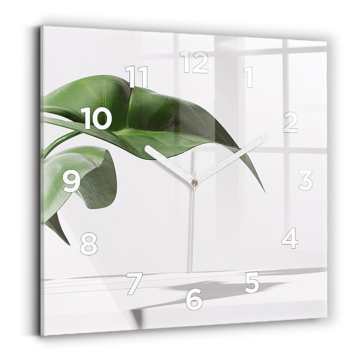 Falióra, Wallfluent, üveg, Fehér mutatók, számok, Absztrakt levelek, Zöld, Négyzetek 30x30 cm, 010010500010100272022