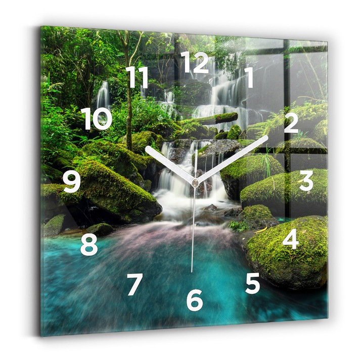 Falióra, Wallfluent, üveg, fehér mutatók, számok, vízesés Thaiföld, zöld, négyzetek 30x30 cm, 010010500010100272813