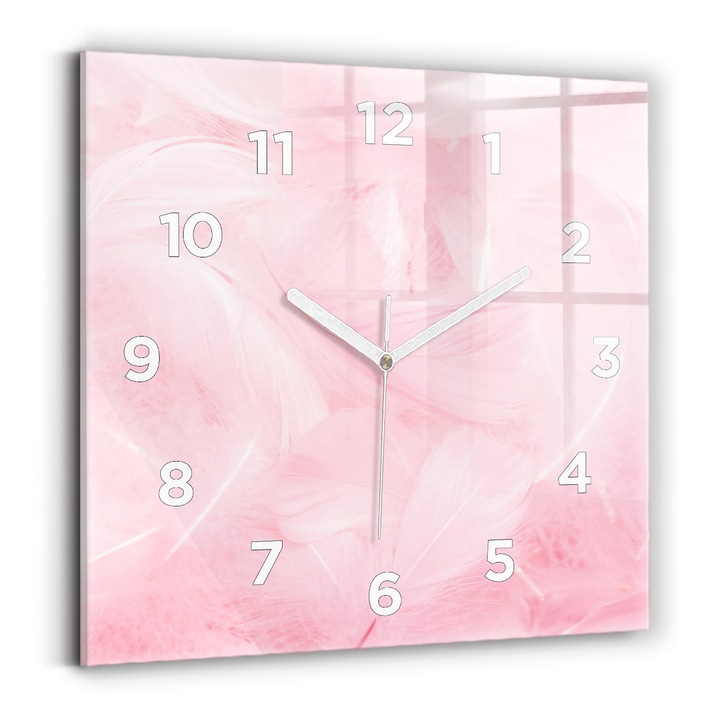 Falióra, Wallfluent, üveg, Fehér mutatók, számok, Tollak - absztrakció, Rózsaszín, Négyzetek 30x30 cm, 010010500010100273091