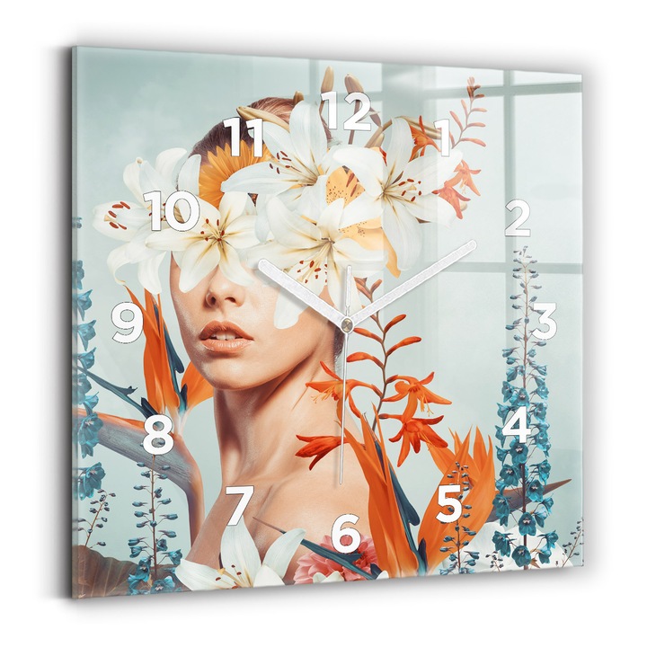 Falióra, Wallfluent, üveg, Fehér kezek, számok, Egy nő virágokkal, Fehér, Négyzetek 30x30 cm, 010010500010100273039