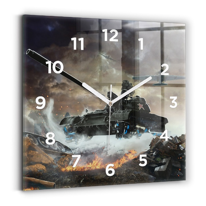 Falióra, Wallfluent, üveg, Fehér mutatók, számok, Tank grafika, Fekete, Négyzetek 30x30 cm, 010010500010100273159