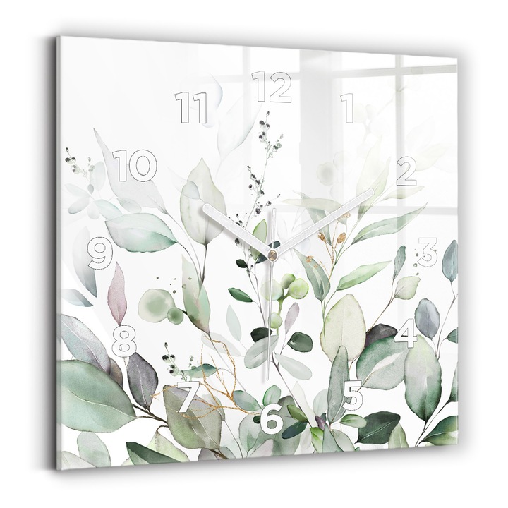 Falióra, Wallfluent, üveg, Fehér mutatók, számok, Növénylevelek, Zöld, Négyzetek 30x30 cm, 010010500010100273005