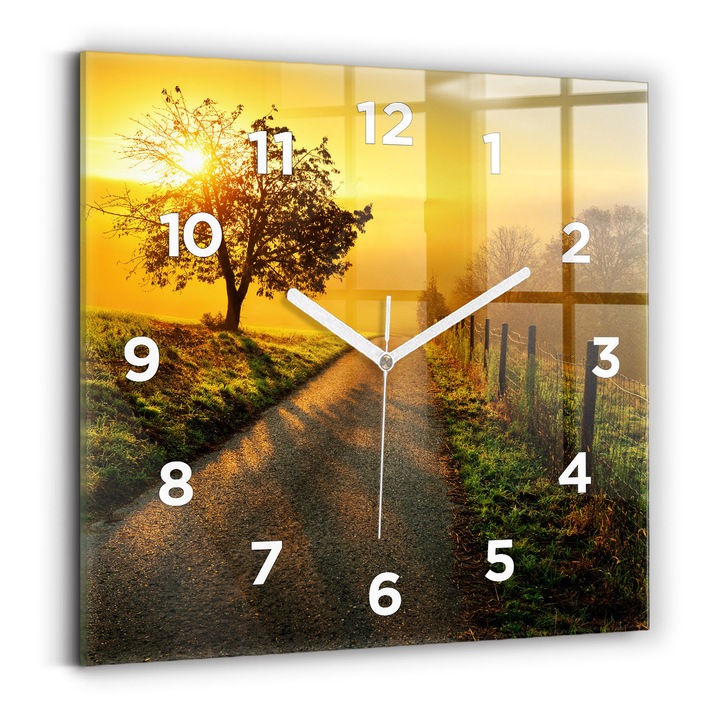 Falióra, Wallfluent, üveg, Fehér mutatók, számok, Köd napkeltekor, Zöld, Négyzetek 30x30 cm, 010010500010100273106