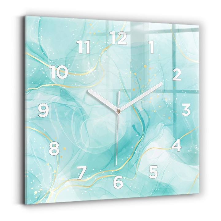 Falióra, Wallfluent, üveg, Fehér mutatók, számok, Márvány absztrakció, Türkiz, Négyzetek 30x30 cm, 010010500010100273084