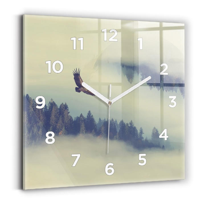 Falióra, Wallfluent, üveg, Fehér kezek, számok, Ködös sas erdő, Kék, Négyzetek 30x30 cm, 010010500010100273108