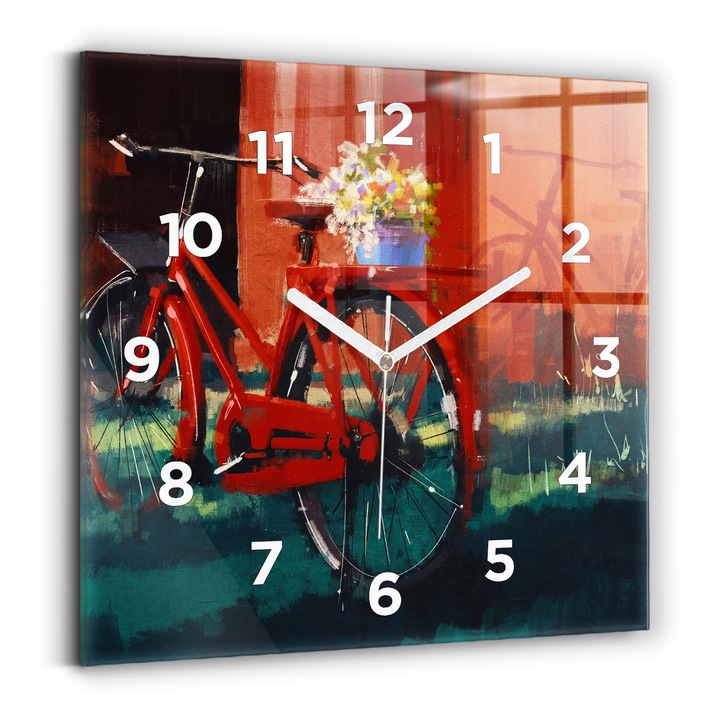 Falióra, Wallfluent, üveg, Fehér mutatók, számok, Festett kerékpár, Piros, Négyzetek 30x30 cm, 010010500010100272808
