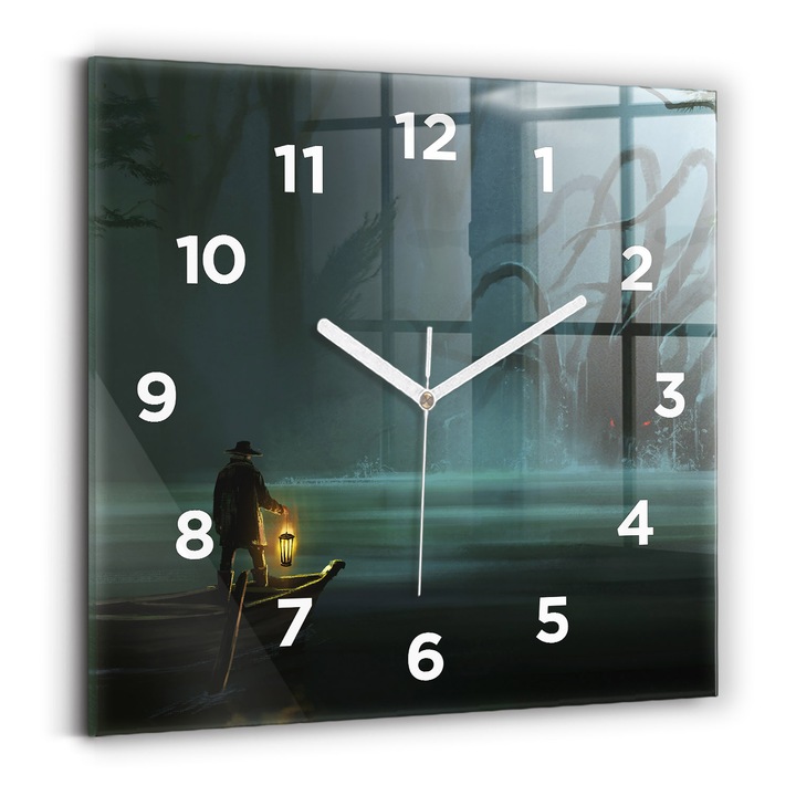 Falióra, Wallfluent, üveg, Fehér mutatók, számok, Ember és szörny a mocsarakban, Zöld, Négyzetek 30x30 cm, 010010500010100273110